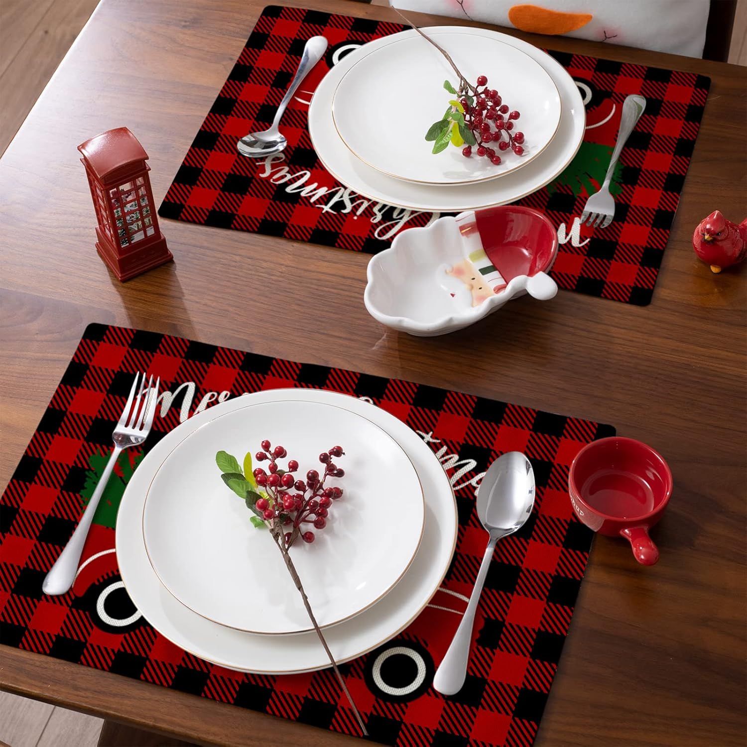 Juego de 4 manteles individuales de Navidad, manteles individuales de tela reversible resistente al calor para decoración navideña de camión de