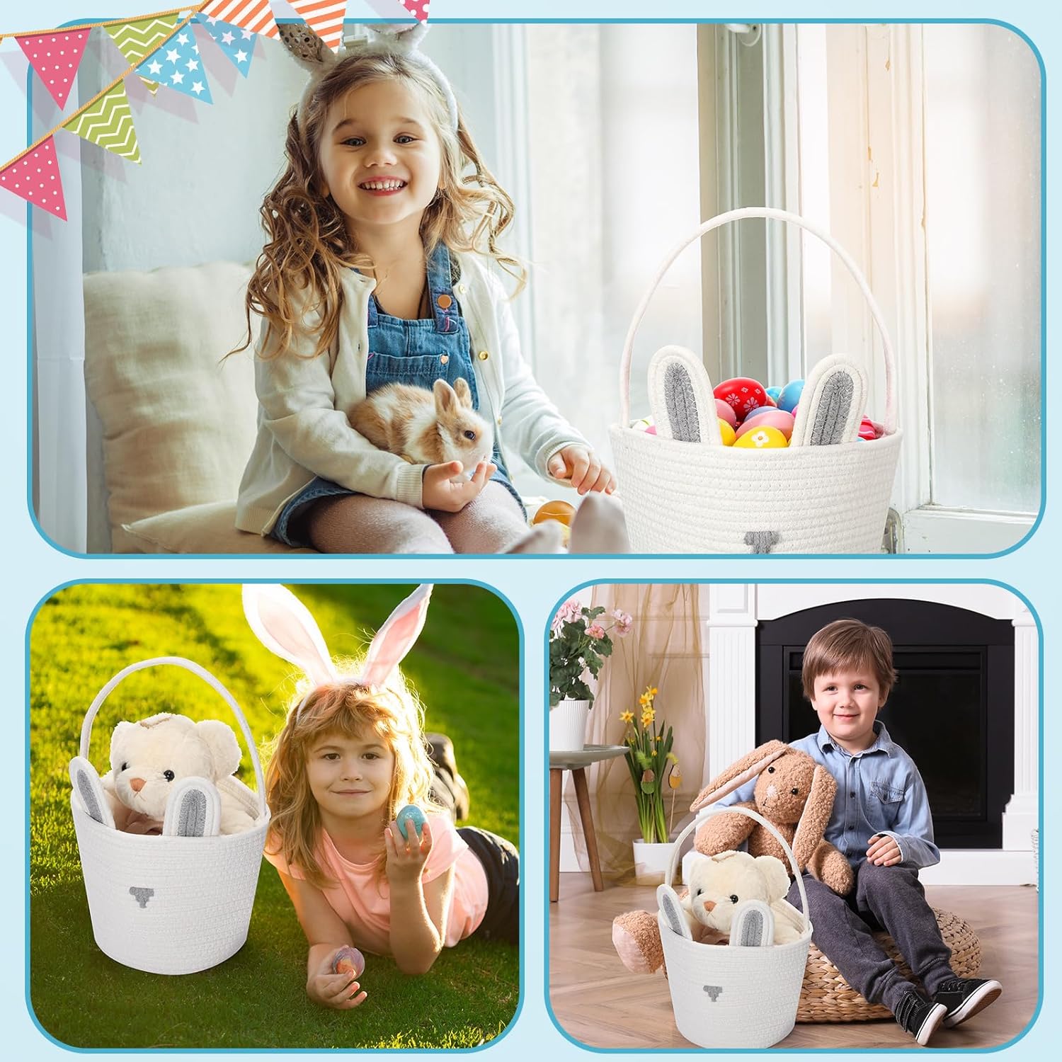 Beeveer Paquete de 3 cestas de Pascua para niños, cesta de huevos de Pascua, cesta de conejo con orejas de conejo, cestas de juguetes, cesta de