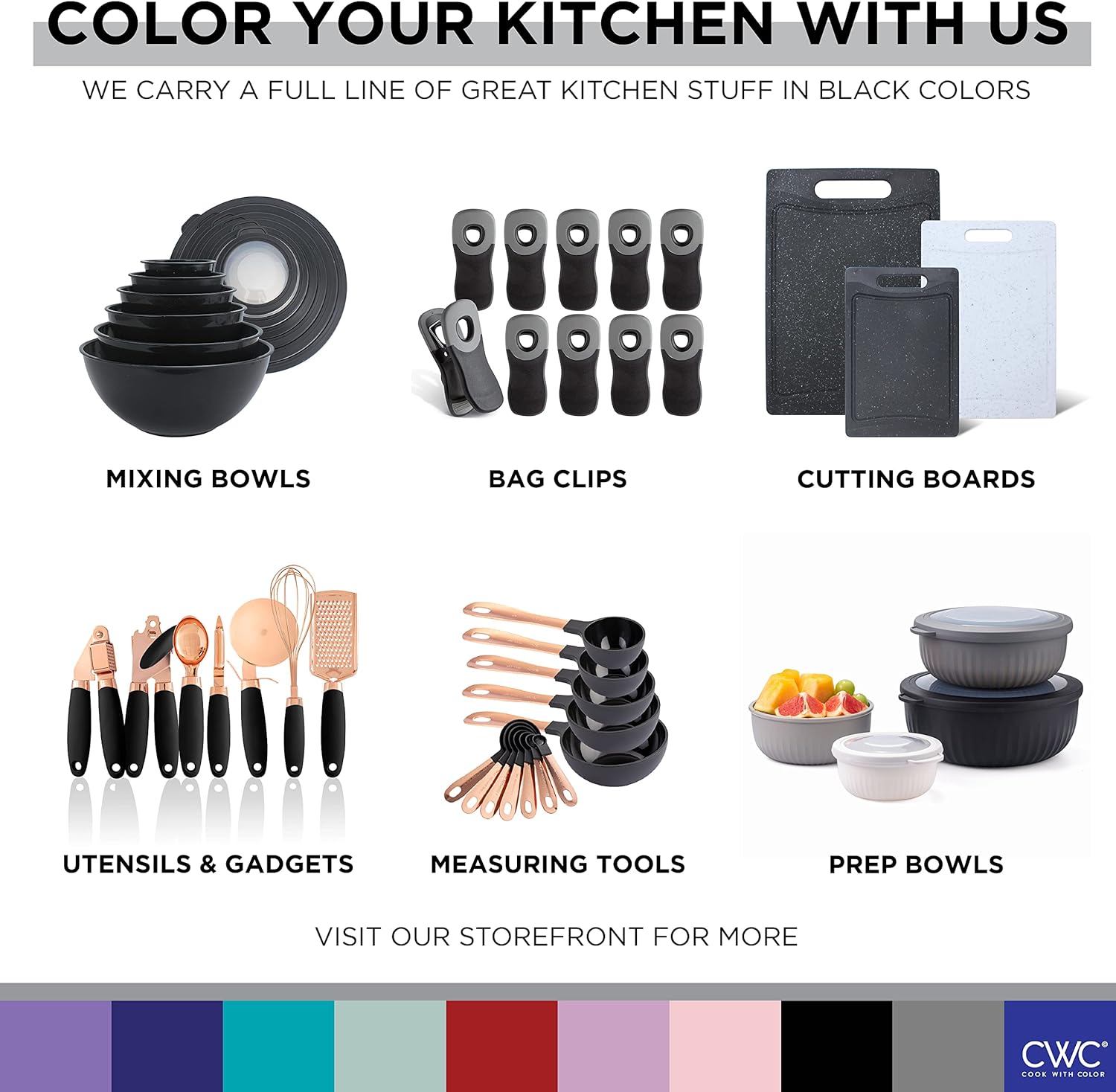 COOK WITH COLOR Nesting – Juego de cuencos de plástico para mezclar con boquillas y asas, negro moteado, 4 piezas antideslizantes