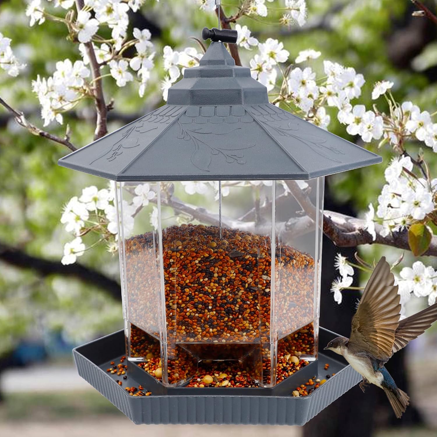 Twinkle Star – Comedero para pájaros silvestres, para colgar al aire libre, para decoración de jardín o patio, con forma hexagonal y con techo,