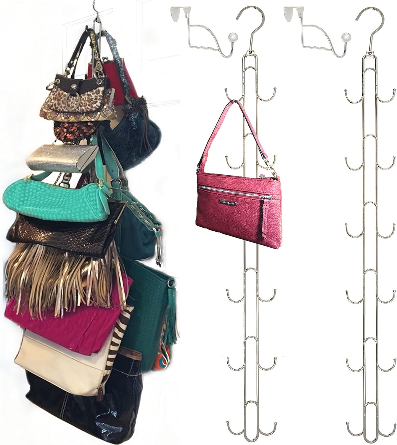 Almacenamiento de bolsas para colgar encima de la puerta duradero, sostiene 50 libras, gira 360 grados para facilitar el acceso para monederos,