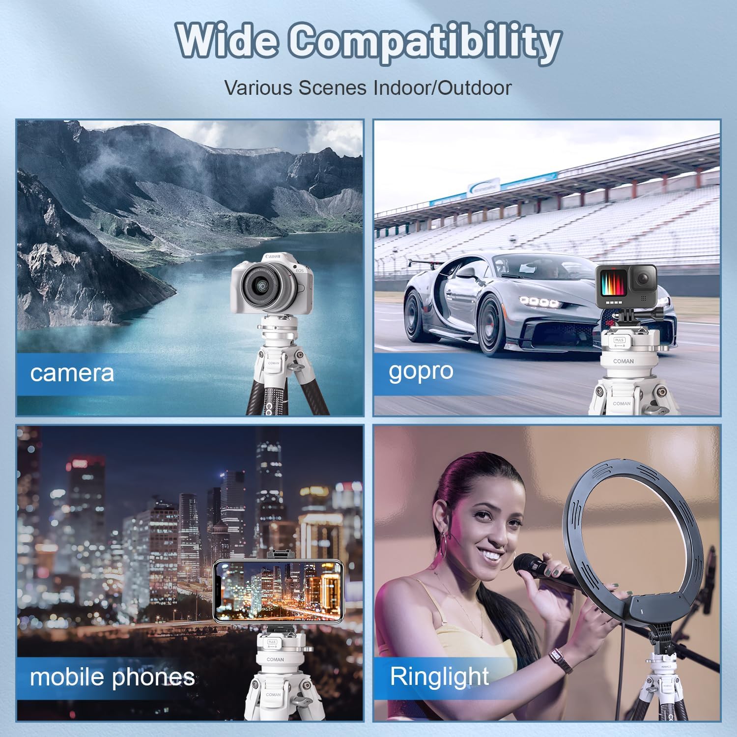 COMAN Trípode portátil para cámara de viaje, trípodes DSLR compactos y ligeros, soporte de trípode de fibra de carbono con cabezal de bola de 360,