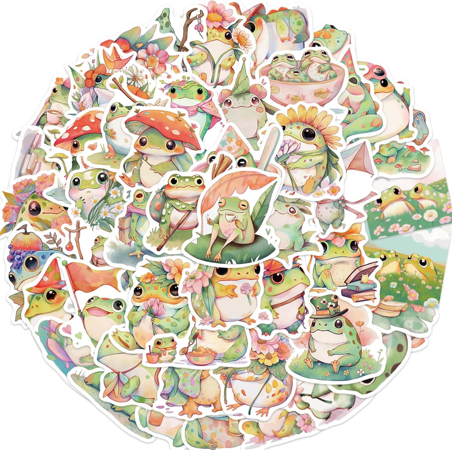Calcomanías de ranas lindas calcomanías de animales kawaii, 50 unidades para niños y adultos, calcomanías de dibujos animados para botellas de agua,