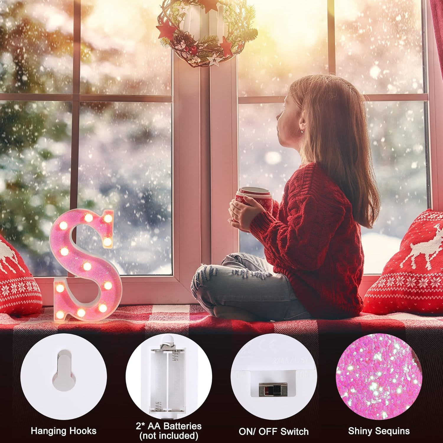 Foaky Letrero con luces LED, letras rosadas con purpurina, letras del alfabeto, letreros para luz nocturna, bodas, fiestas de cumpleaños, lámpara de