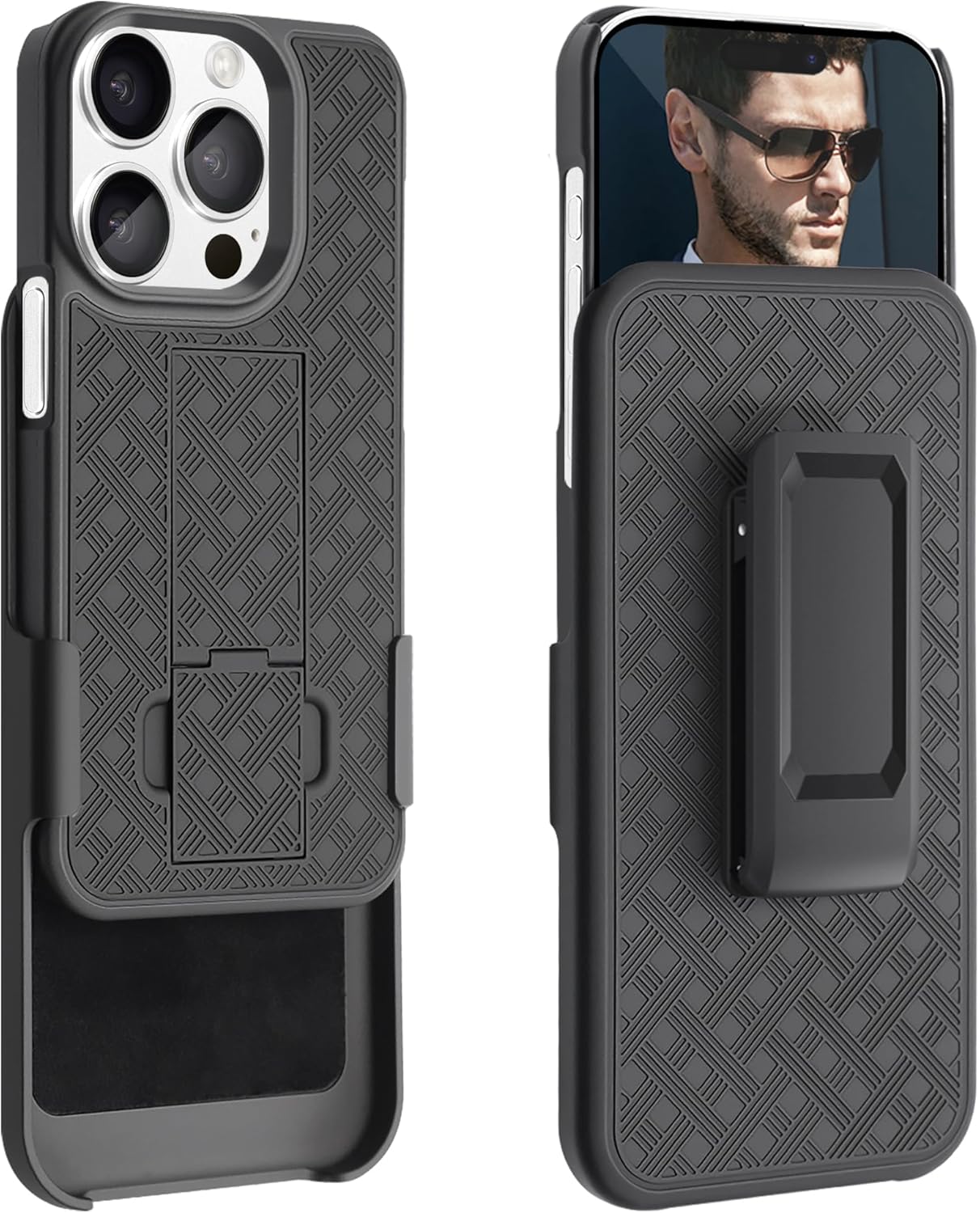 Fingic Funda para iPhone 15 Pro con funda con clip para cinturón Carcasa delgada combinada con soporte giratorio para cinturón con clip para