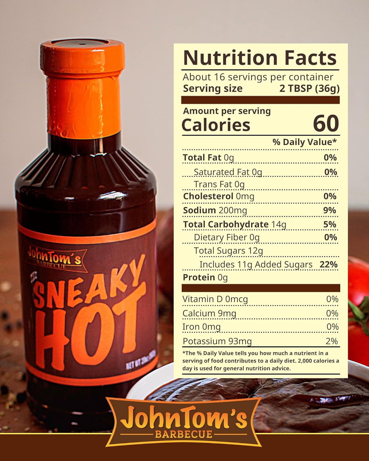 JohnTom’s Barbecue Sneaky Hot Sauce – Salsa gourmet BBQ de 20 oz. Botella – Hecha con todos los ingredientes naturales. Bueno como adobo de pechuga,
