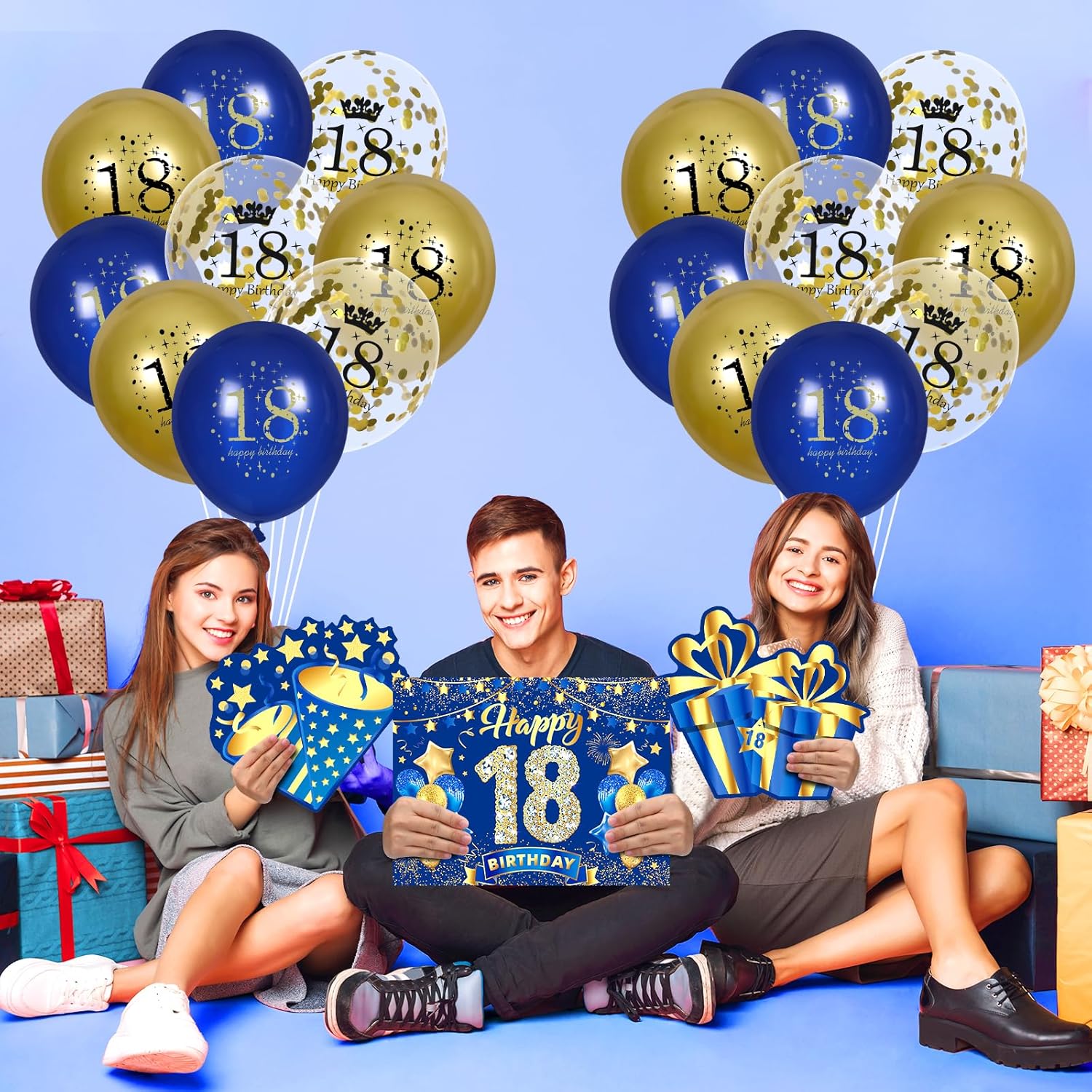 Decoraciones azules de cumpleaños número 18 para niños y niñas, 6 unidades, azul marino, dorado, feliz cumpleaños 18 con estacas y 18 globos de
