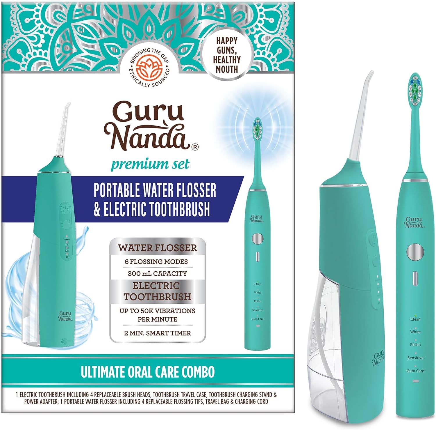 GuruNanda Lion & Lamb Kit (verde azulado) – Irrigador dental portátil (10.8 fl oz) con 4 puntas de chorro y cepillo de dientes sónico recargable de