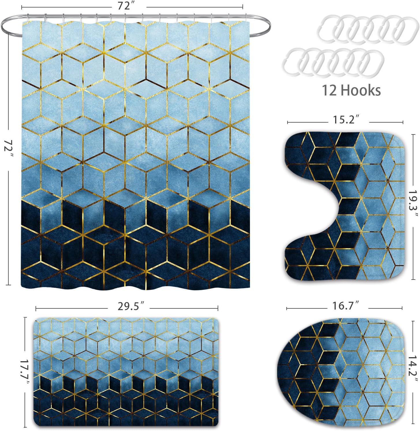 Gibelle Juego de 4 cortinas de ducha de baño con alfombras antideslizantes, cubierta para tapa de inodoro y tapete de baño, líneas cúbicas doradas