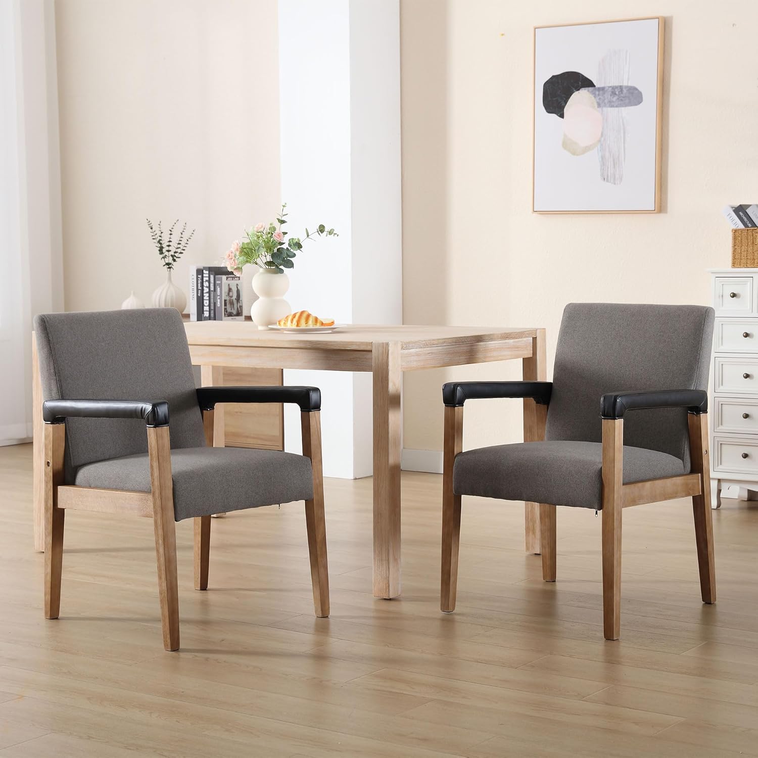 DM Furniture Juego de 2 sillas de comedor modernas de mediados de siglo, tapizadas de tela de lino, cómodas sillas de cocina con marco de madera
