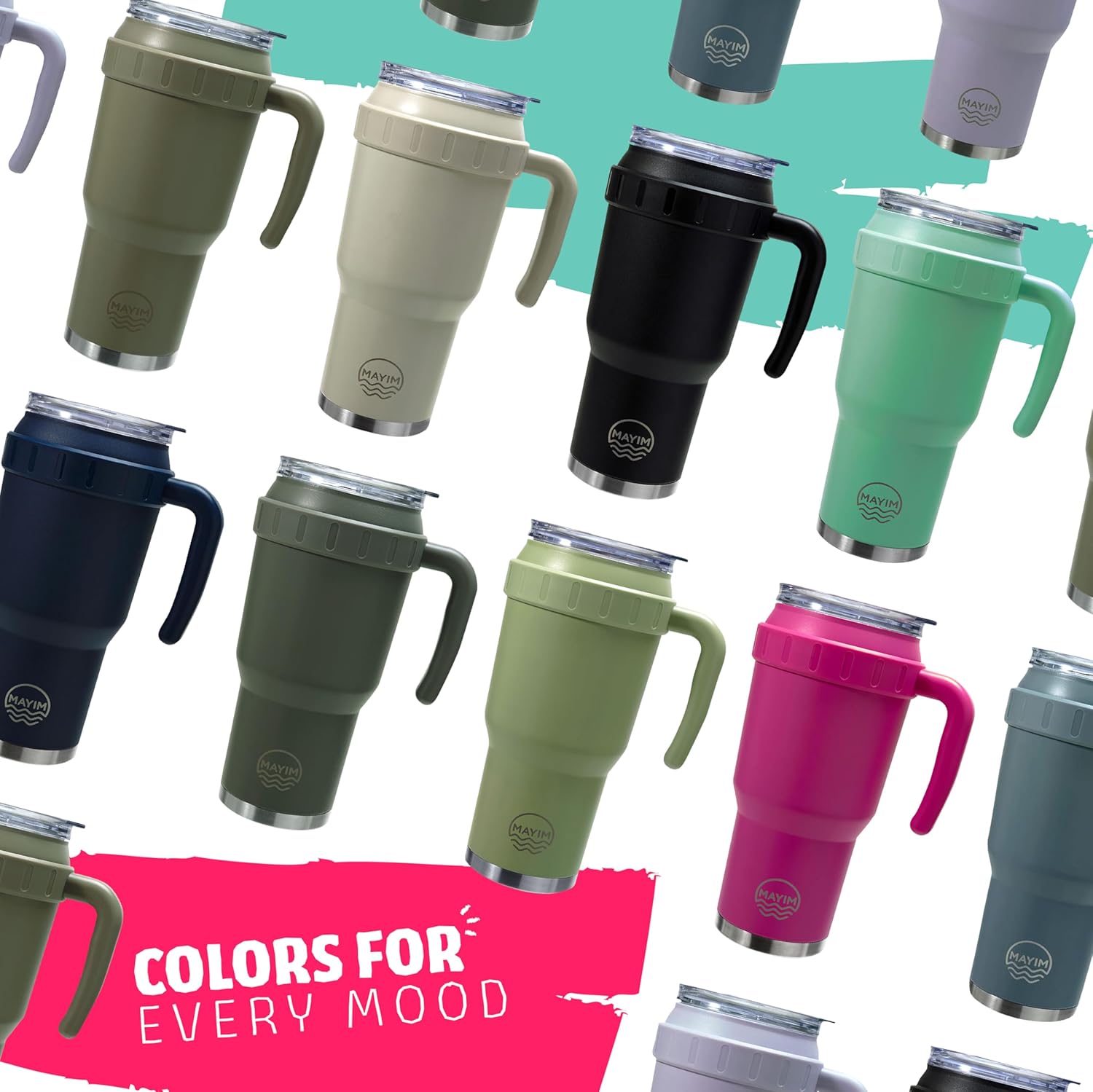 Mayim Vaso de 40 onzas con asa, taza de café de viaje o botella de agua aislada con popote y tapa, termo de doble pared de acero inoxidable a prueba