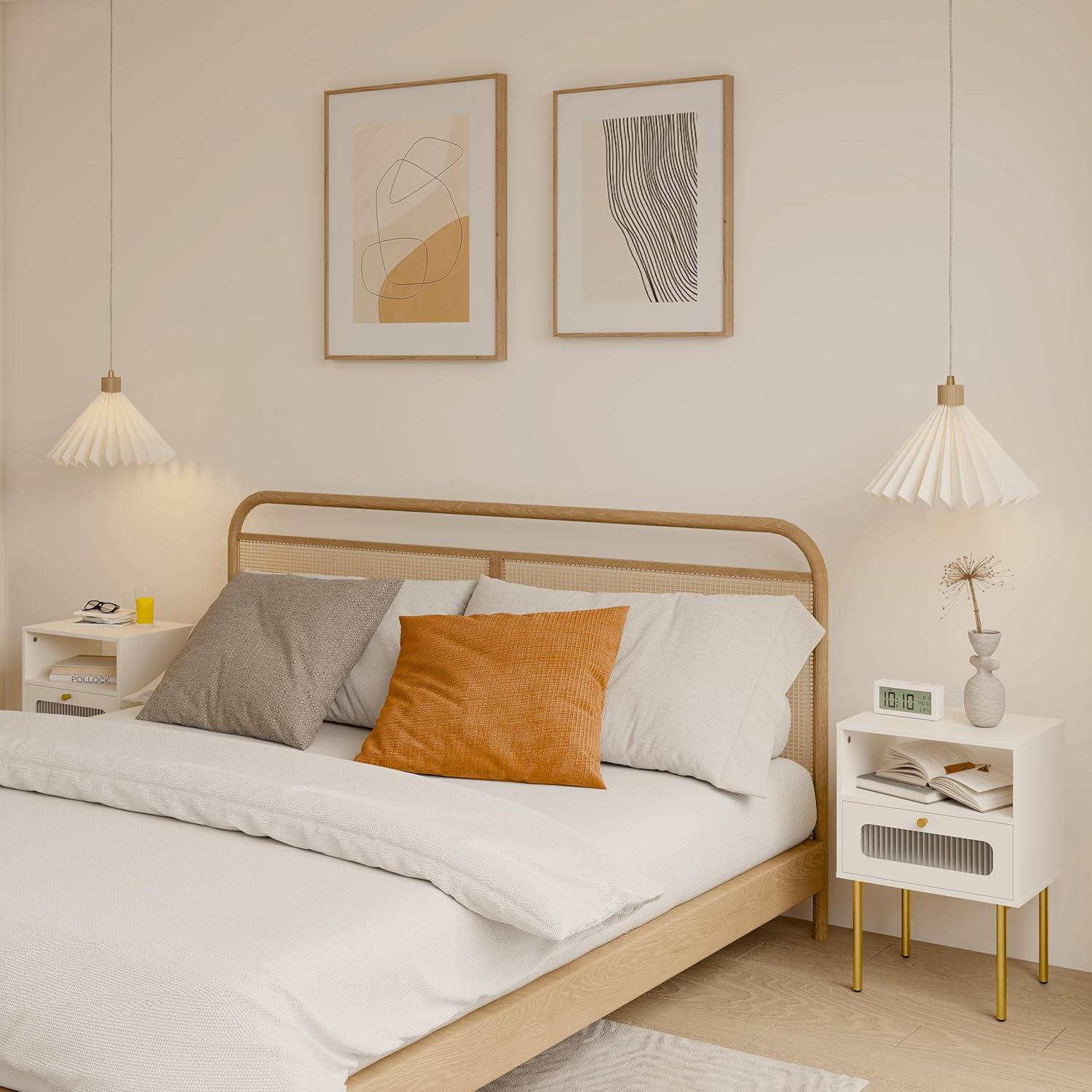 Mesita de noche, mesa auxiliar moderna blanca con cajón de almacenamiento y estante de madera abierto, mesa auxiliar pequeña con puerta decorativa