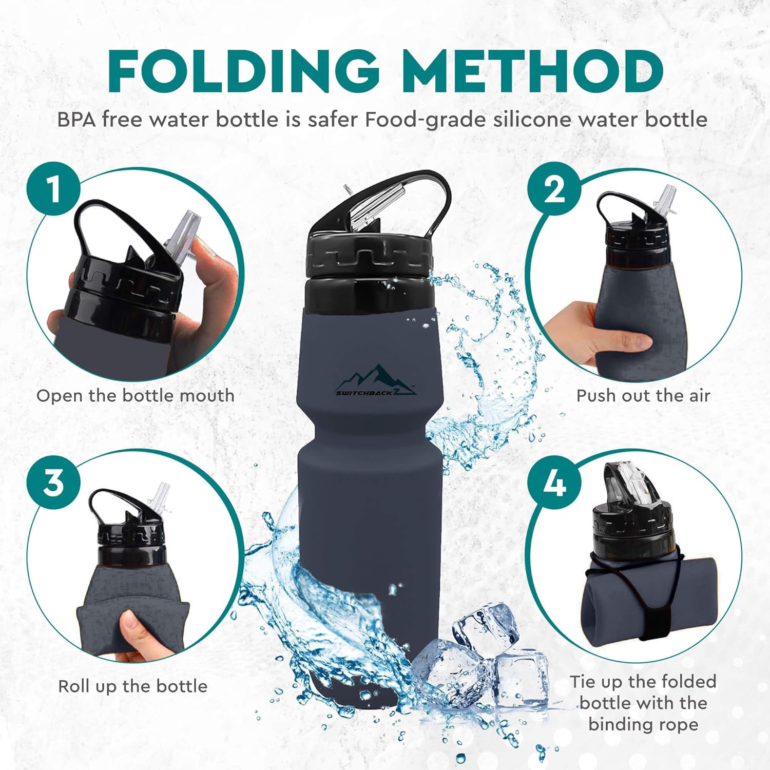 Botella de agua plegable (25 onzas), botella de agua plegable de silicona sin BPA que ahorra espacio, con popote extraíble, botellas de agua