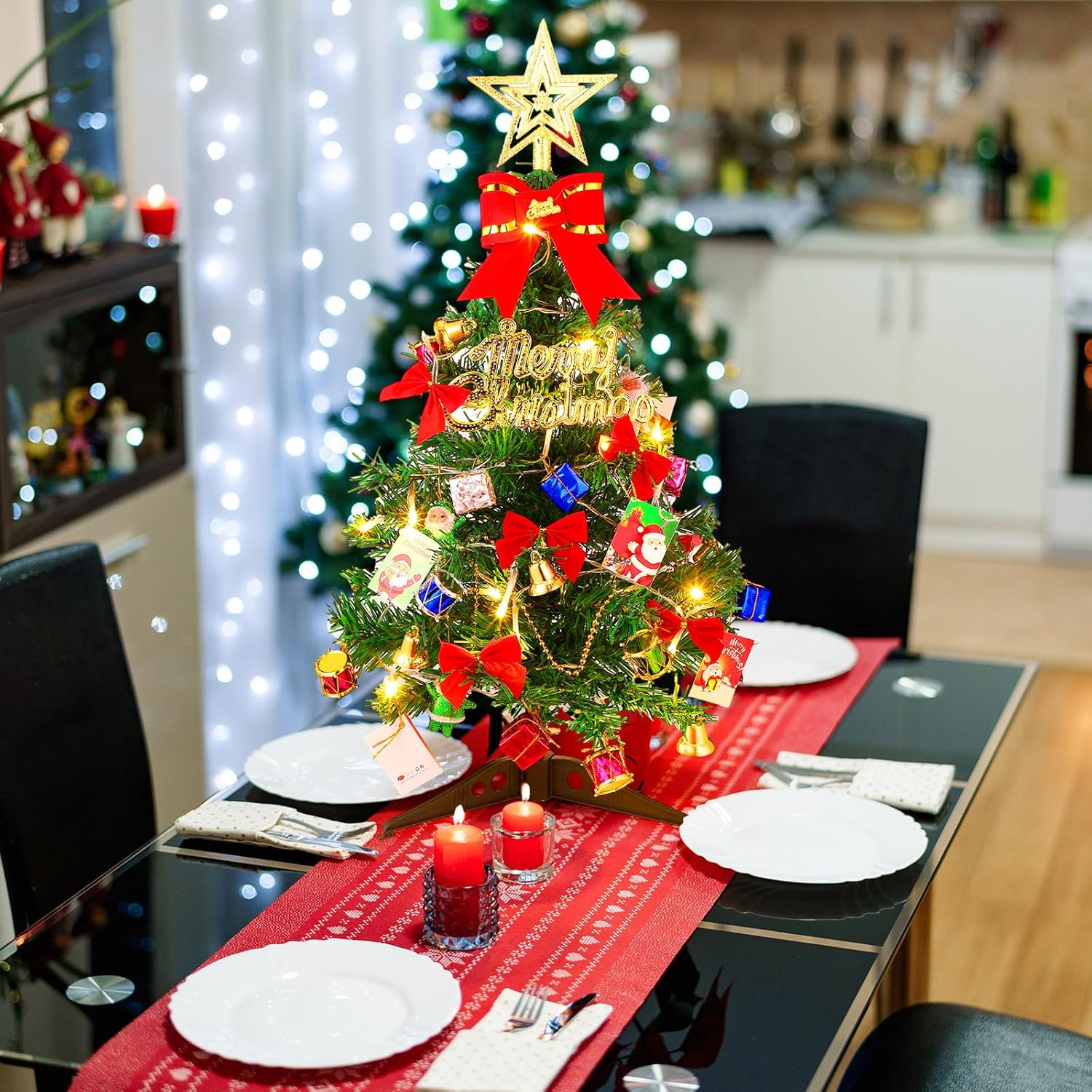 Hiboom 2 piezas de mini árbol de Navidad de 24 pulgadas con luces LED, estrella preiluminada de mesa, árbol de Navidad, cajas de regalo, adornos