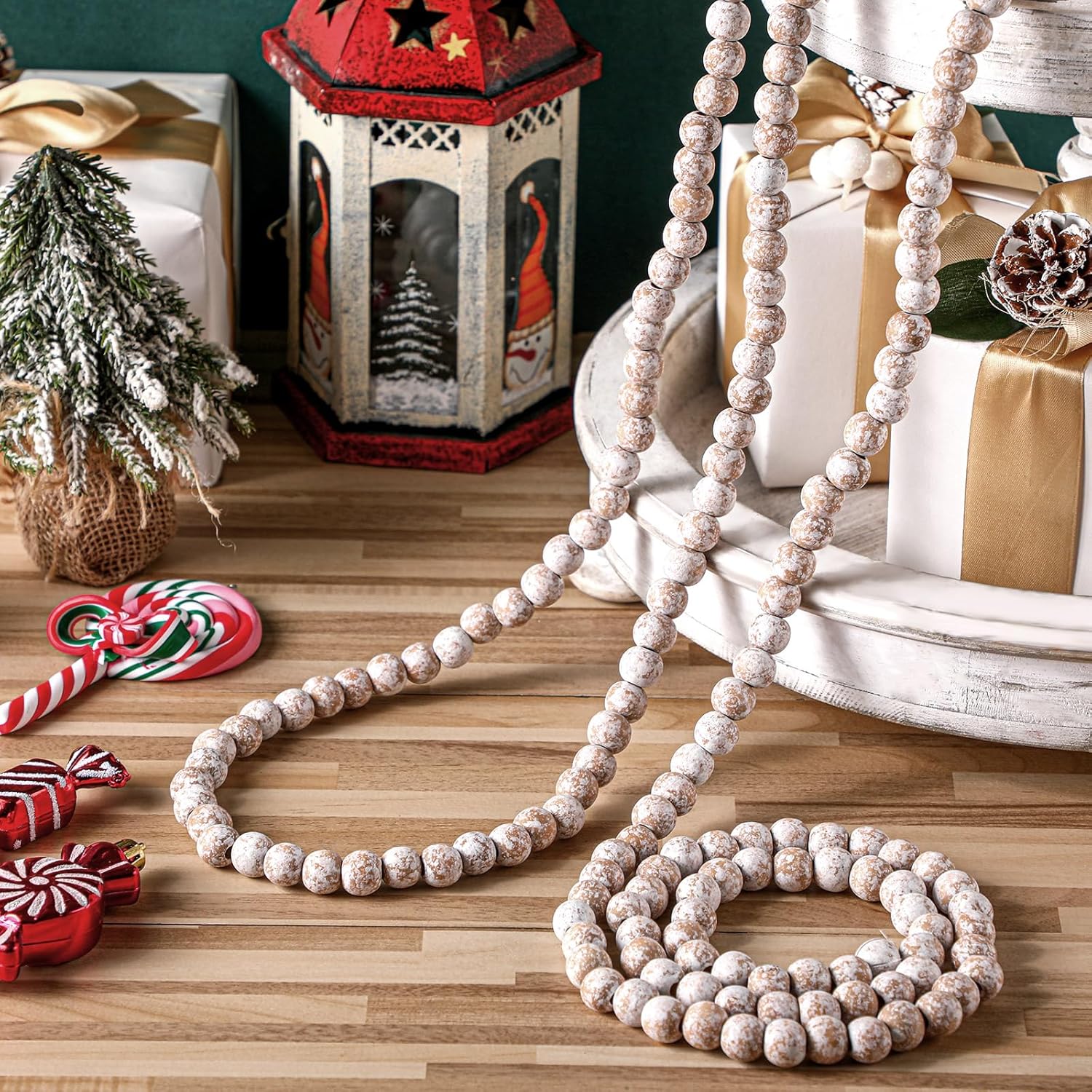Guirnalda de cuentas de madera de Navidad bohemia de 18 pies, guirnalda de cuentas de madera natural vintage, guirnalda decorativa rústica para