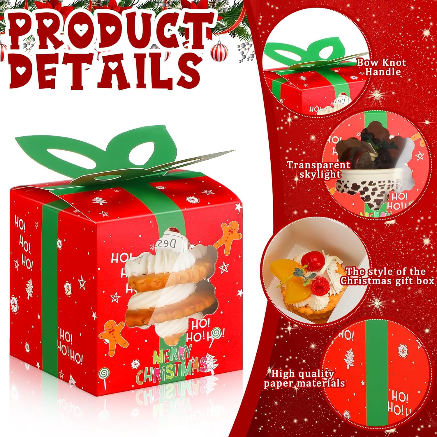 100 cajas individuales para cupcakes de Navidad 3.94, caja para hornear regalo de galletas de Navidad con asa de inserción de ventana, caja de