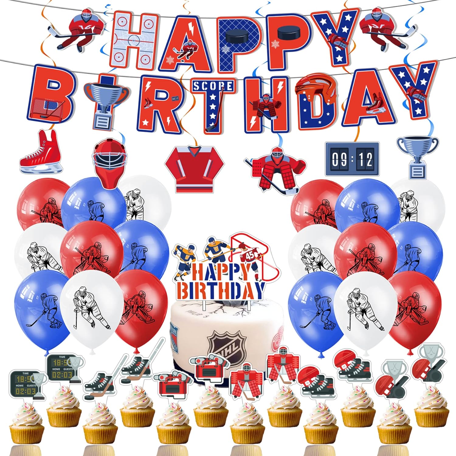 Decoración de fiesta de cumpleaños de hockey sobre hielo, suministros de fiesta de hockey sobre hielo, incluye pancarta de feliz cumpleaños, globos