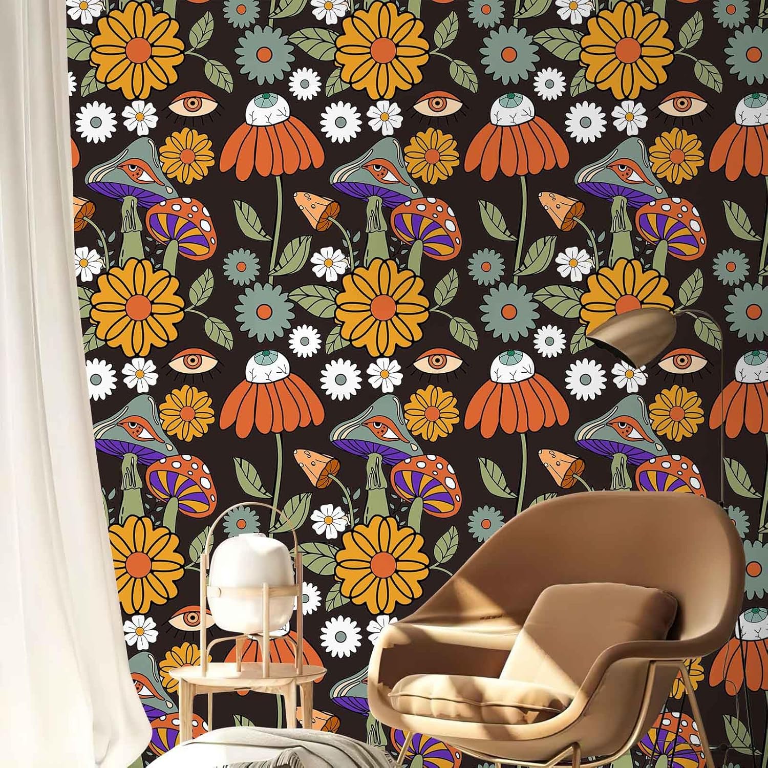 Abyssaly Papel tapiz autoadhesivo de vinilo con diseño de hongos, diseño de hongos del bosque, removible para dormitorio, papel de pared