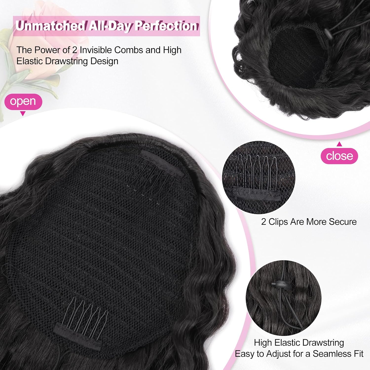 QGZ Extensión de cola de caballo con cordón para mujeres negras, 18 pulgadas, sintética, larga, afro, rizado, esponjoso, para uso diario (negro)