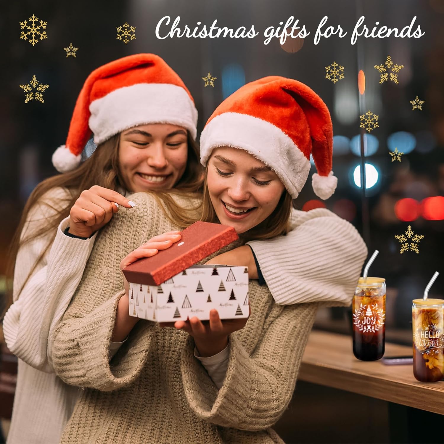 meekoo 8 vasos de cristal de Navidad de 16 onzas con tapas y popotes en forma de lata, taza de café helado, tazas de Navidad para mujeres, niños y