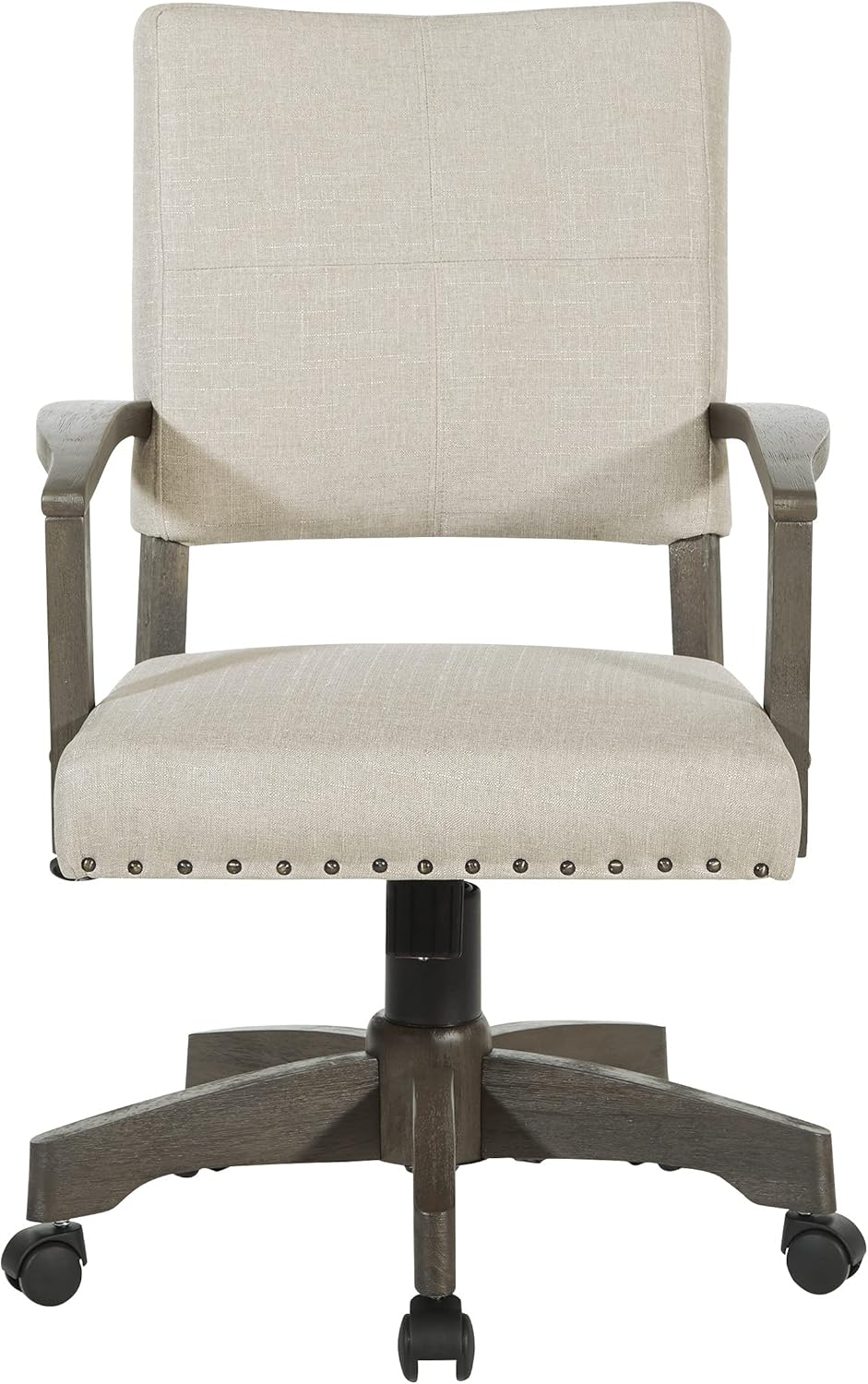 OSP Home Furnishings Santina – Silla de escritorio acolchada con costuras francesas a medida y ribete de cabeza de clavo, brazos de madera maciza y