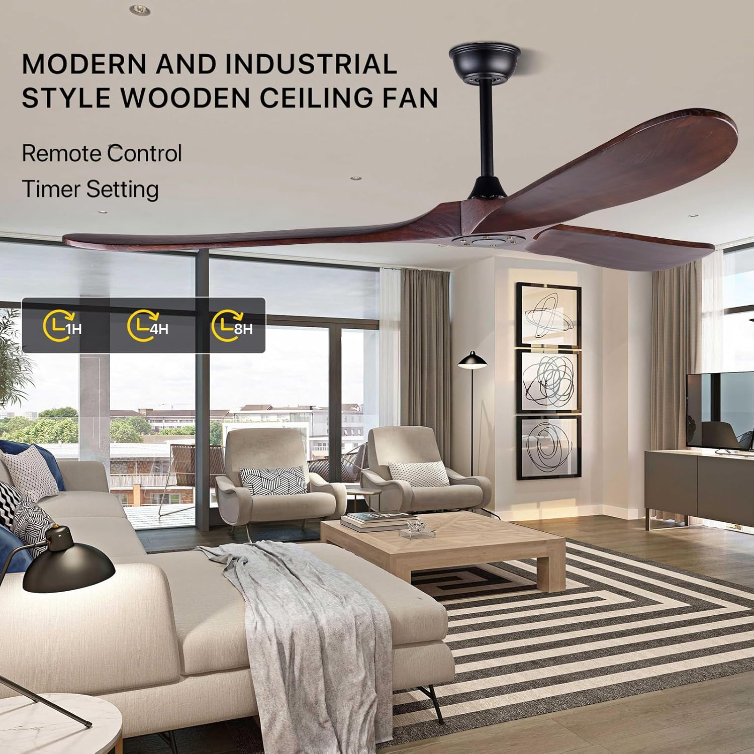 Ventiladores de techo de madera de 70 pulgadas sin luz, ventiladores de techo con 3 cuchillas y varillas inferiores, 6 velocidades, motor de CC,