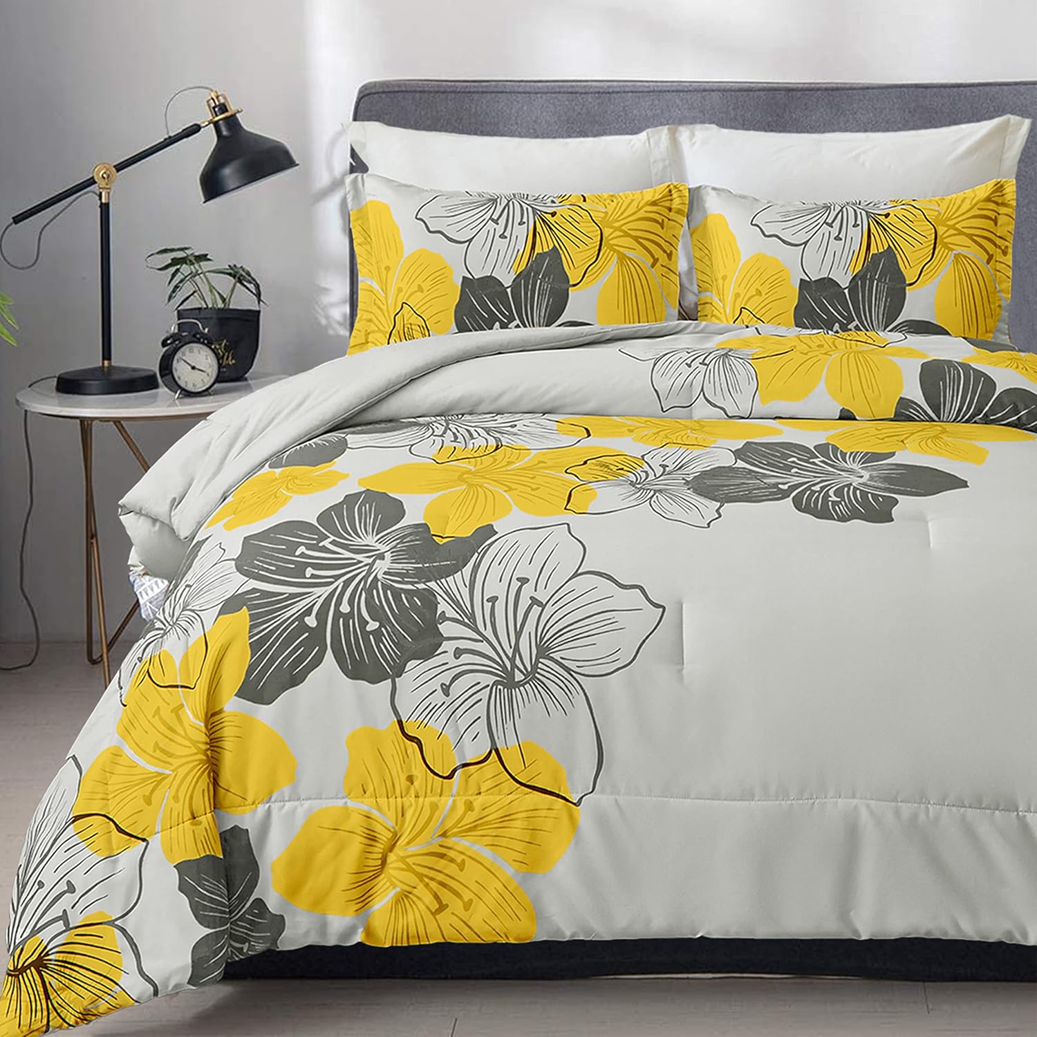 Juego de edredón tamaño California King, estampado floral amarillo en gris, juego de ropa de cama de microfibra suave bohemio para todas las