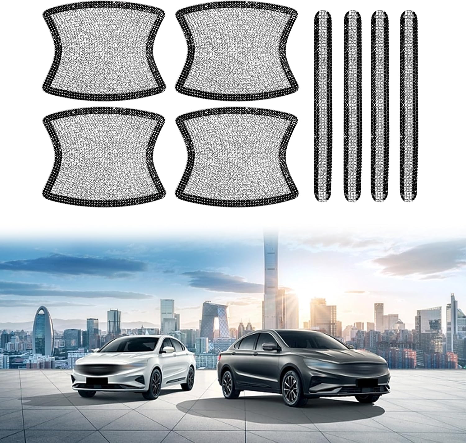 8 calcomanías brillantes para manija de puerta de automóvil, 3.9 x 3.1 pulgadas + 5.5 x 0.5 pulgadas, con incrustaciones de diamantes brillantes