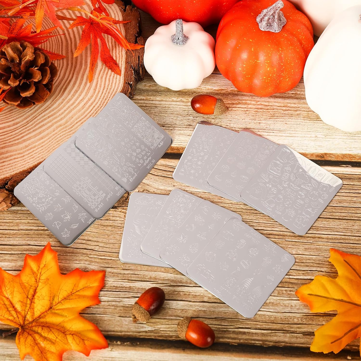 Whaline Kit de 10 hojas de placas de estampado de arte de uñas de otoño, calabazas de Feliz Acción de Gracias, gnomo de hoja de arce, a cuadros,