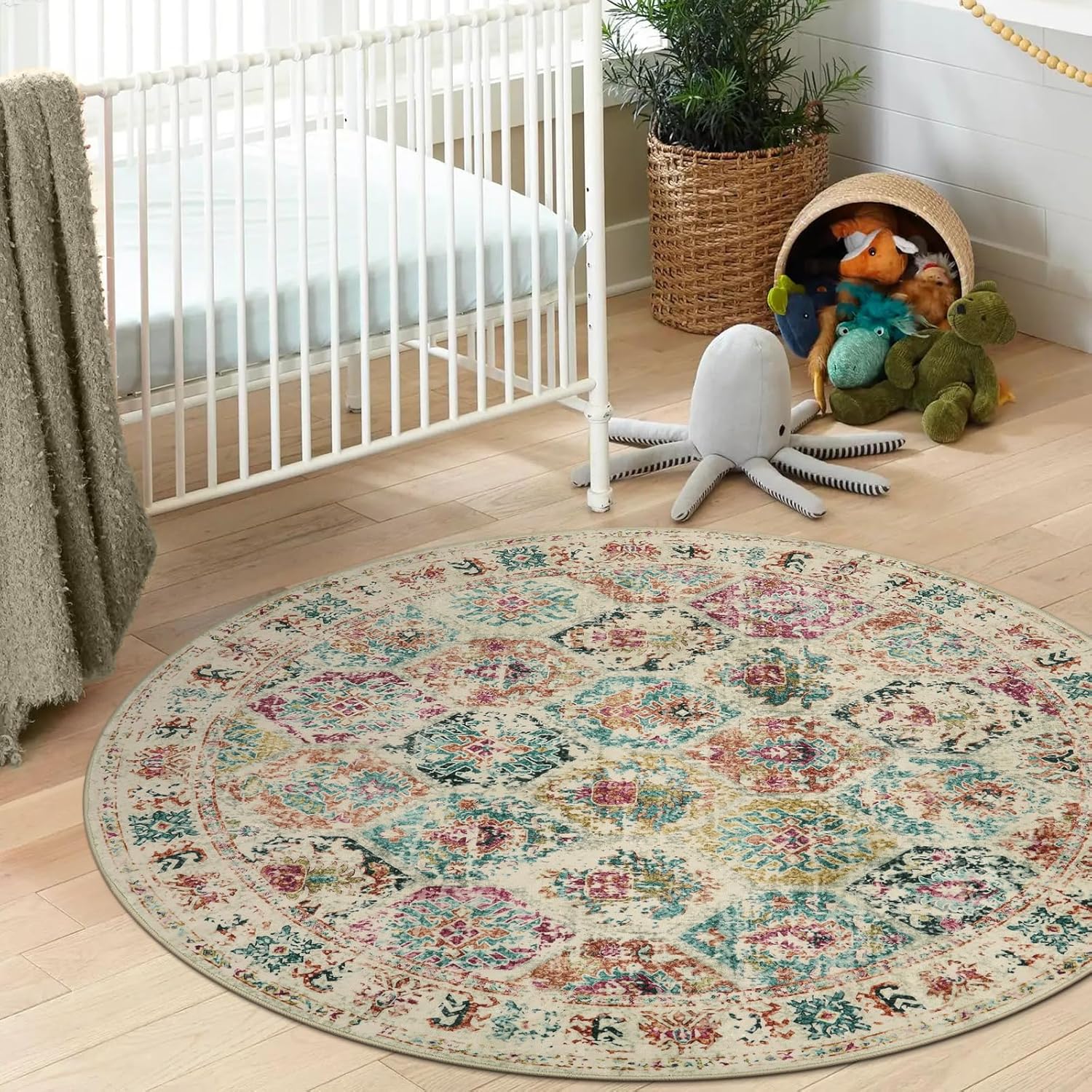 Lahome Alfombra redonda de 5 x 5 pies, lavable, para dormitorio, antideslizante, sala de estar, alfombra de área con estampado geométrico tribal de