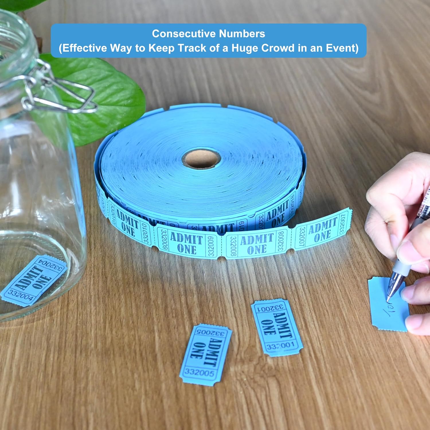 L LIKED 2000 boletos azules para rifas con perforaciones y números consecutivos, rollo de boleto único para eventos, carnavales, premios de puerta y