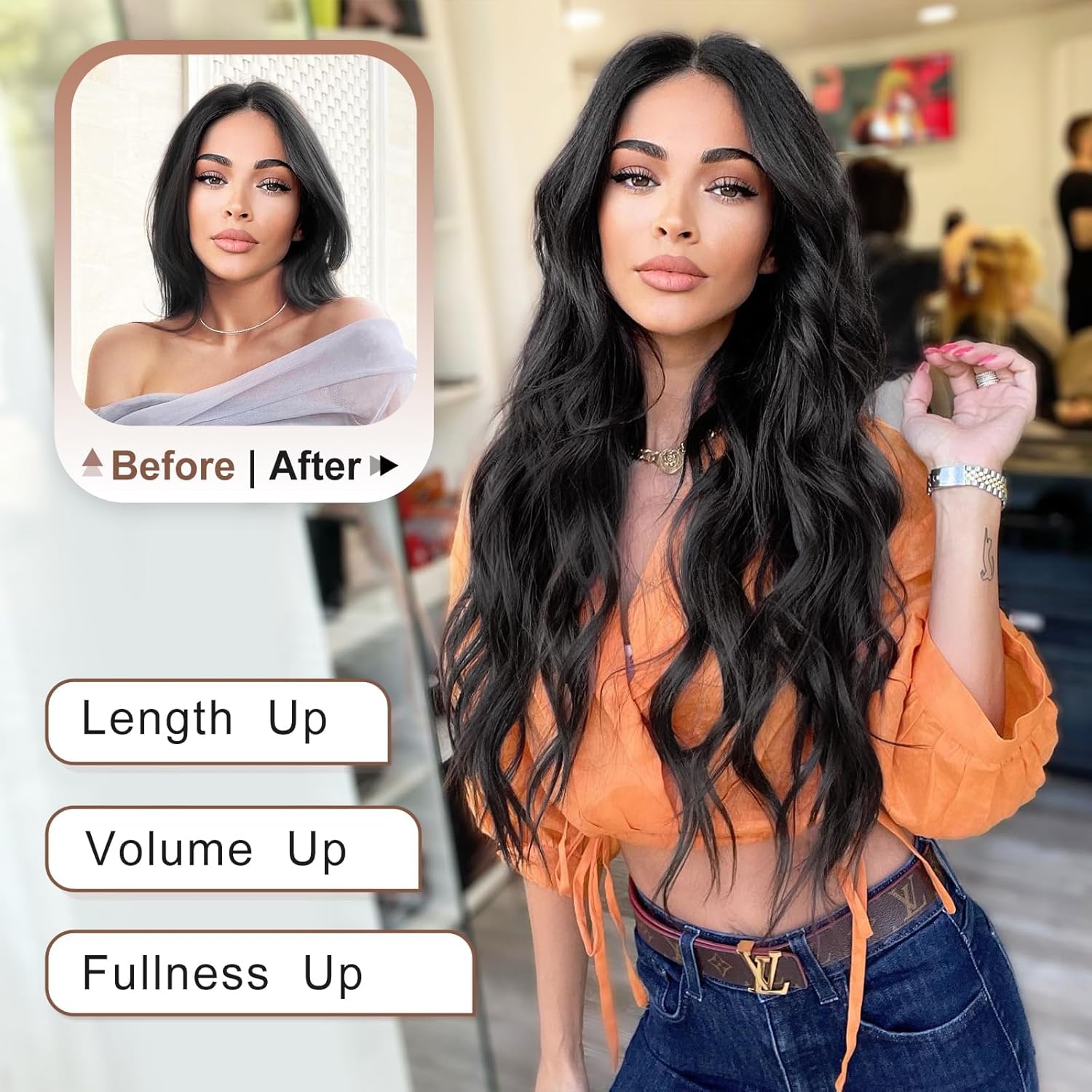 ALXNAN Extensiones de cabello con clip, extensiones de cabello largo ondulado de 20 pulgadas, color negro, 4 piezas gruesas para mujer