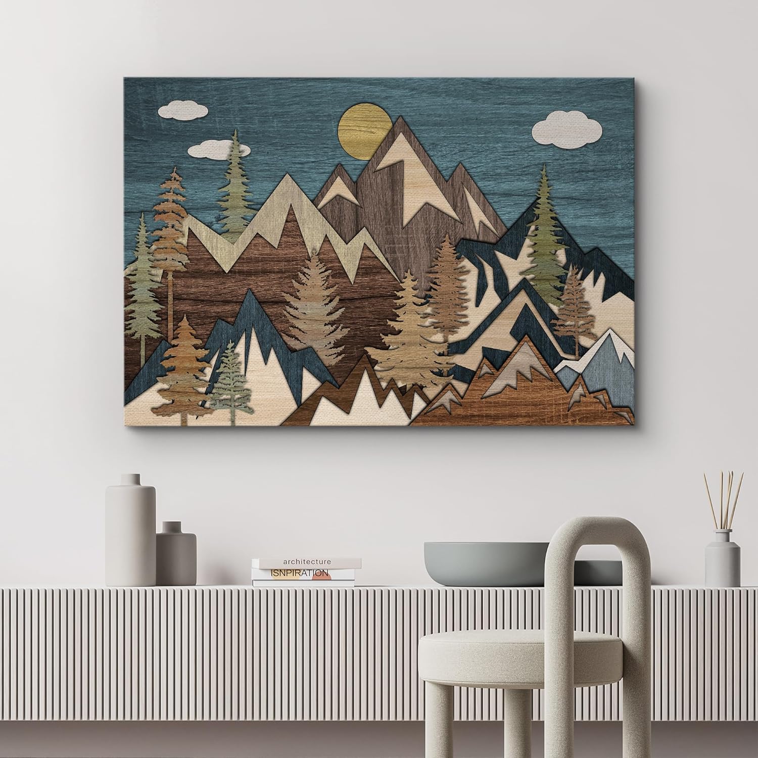 wall26 Lienzo impreso para pared, panel de madera, bosque de pinos, montaña nublada, naturaleza, desierto, arte digital, arte moderno, granjacampo,