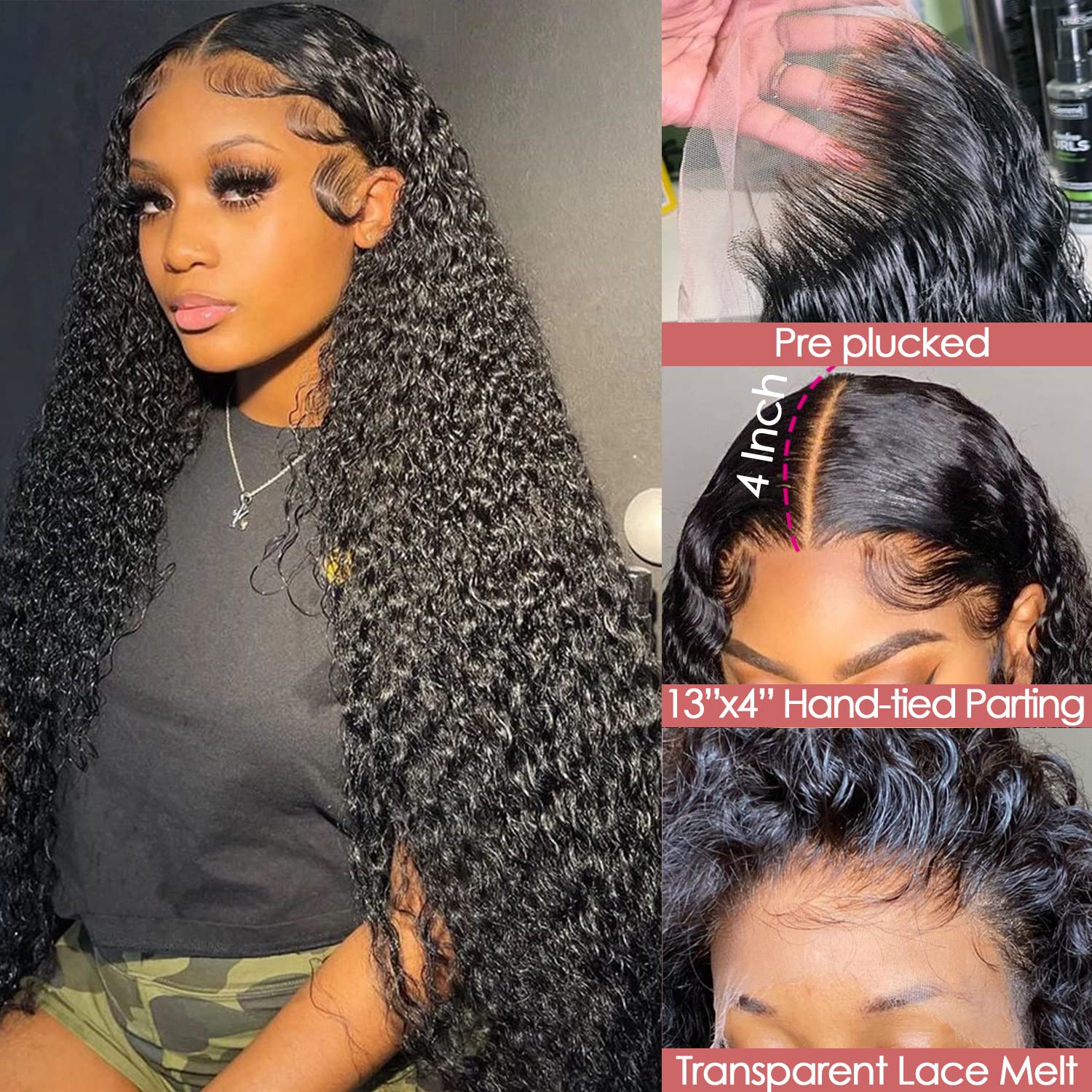 Brennas Pelucas de cabello humano rizado con encaje frontal para mujer, sin pegamento, con ondas profundas, pelucas de cabello humano prearrancado