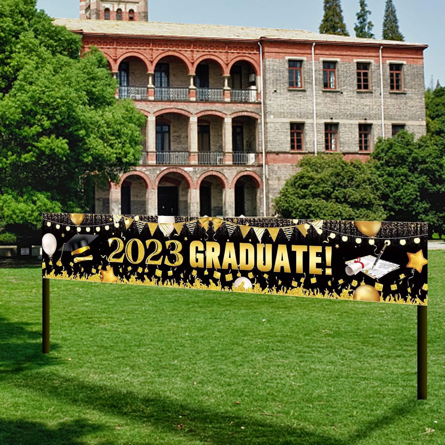 Cartel de graduación 2023, pancarta grande de felicitaciones graduadas negro dorado 2023, cartel de telón de fondo de graduación 2023 para