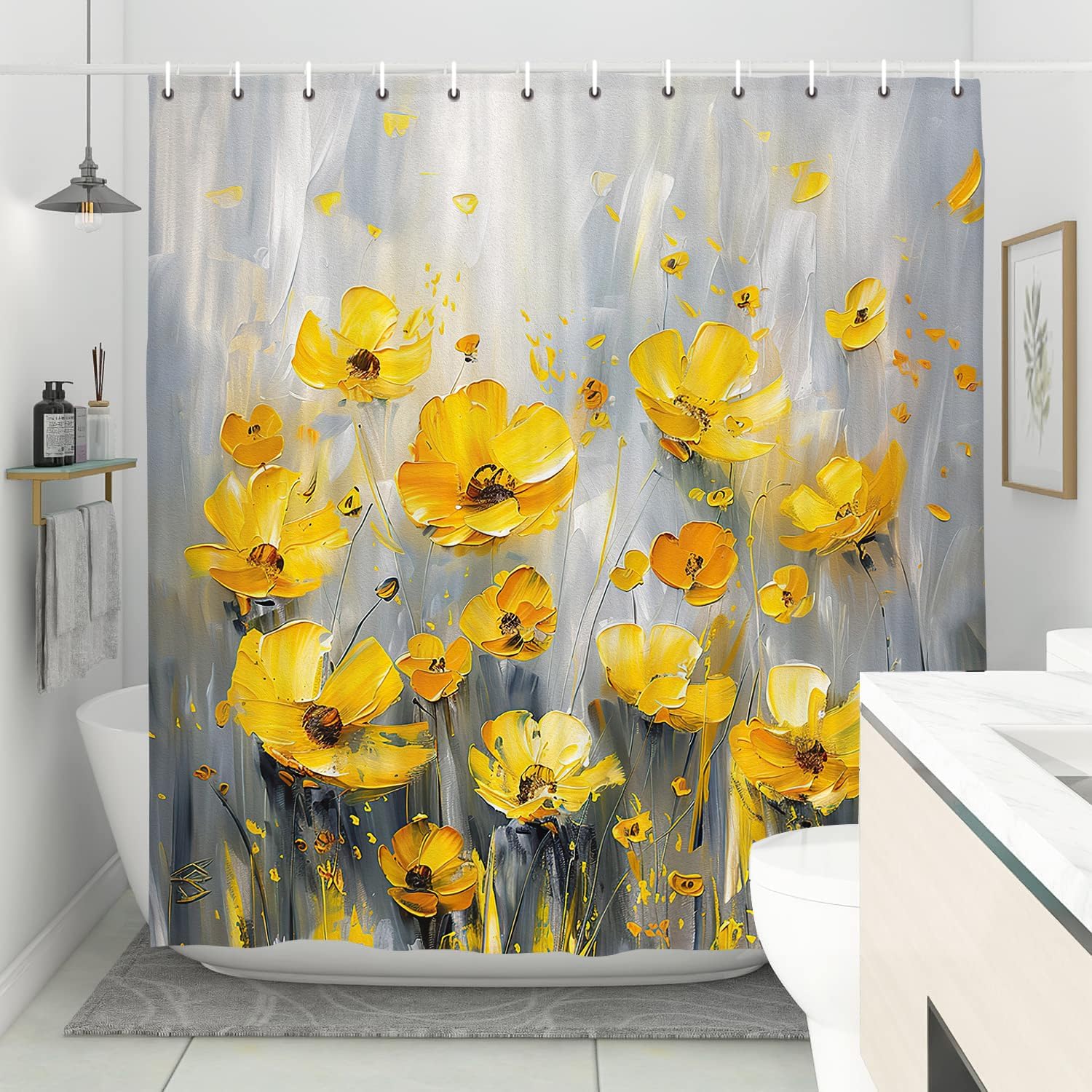 Cortina de ducha retro rústica con flores amarillas, pintura al óleo amarilla, hojas grises y florales, cortina de ducha para baño, 12 ganchos, 70 x
