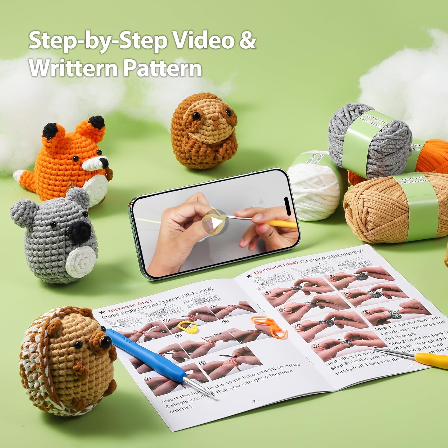 Kit de ganchillo para principiantes, kit de 4 piezas de animales de ganchillo para adultos y niños, aprende a ganchillo con video paso a paso con