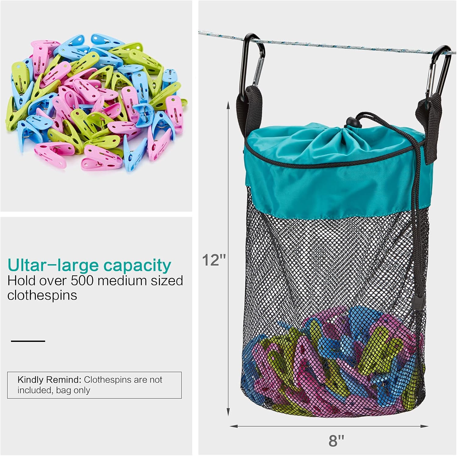HOMEST Bolsa de malla para colgar ropa con cordón, organizador de almacenamiento con gancho, lavable a máquina, azul cielo