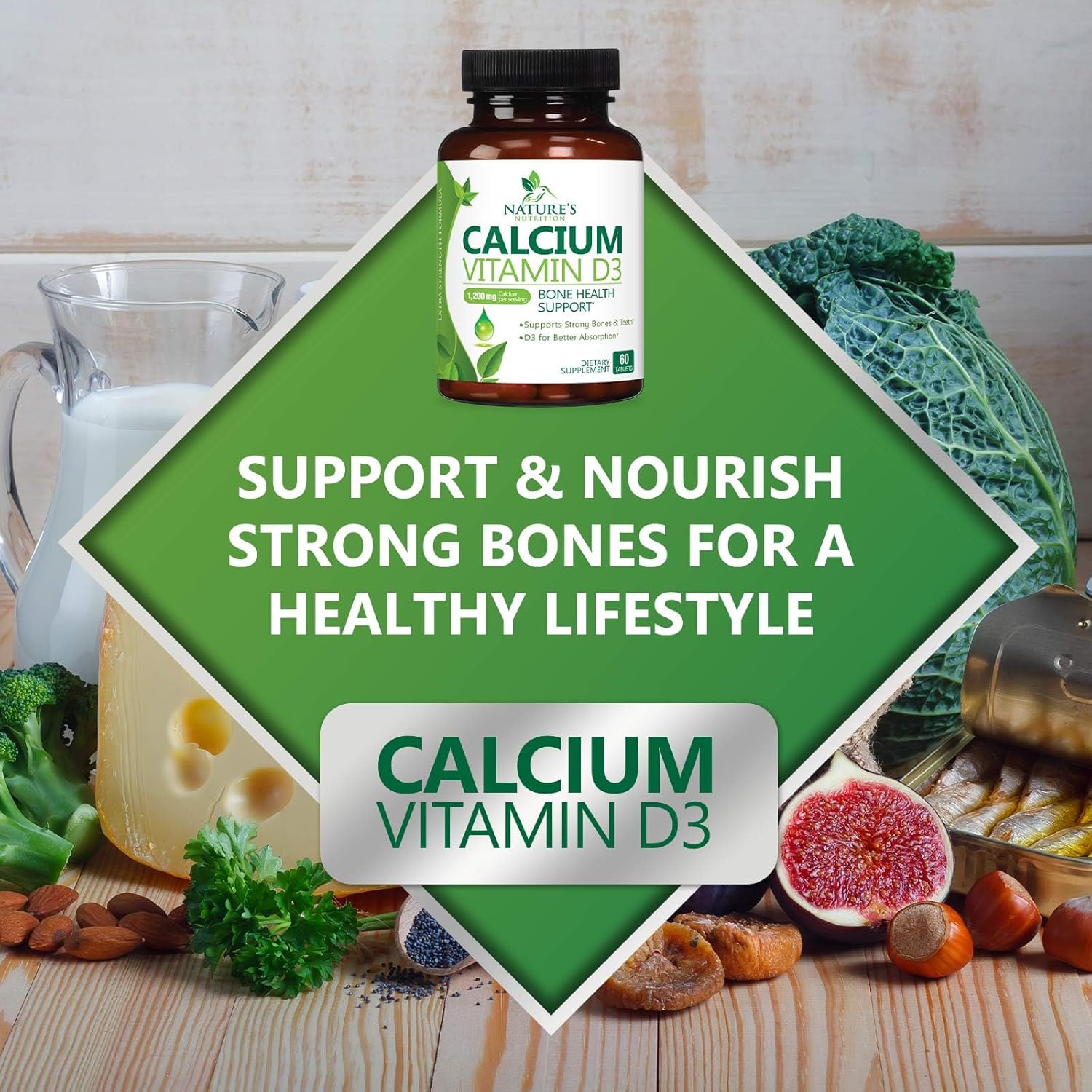 Suplemento de calcio con vitamina D  1200 mg de carbonato de calcio con 1600 UI de vitaminas D3  Apoya la fuerza ósea, los dientes y el sistema