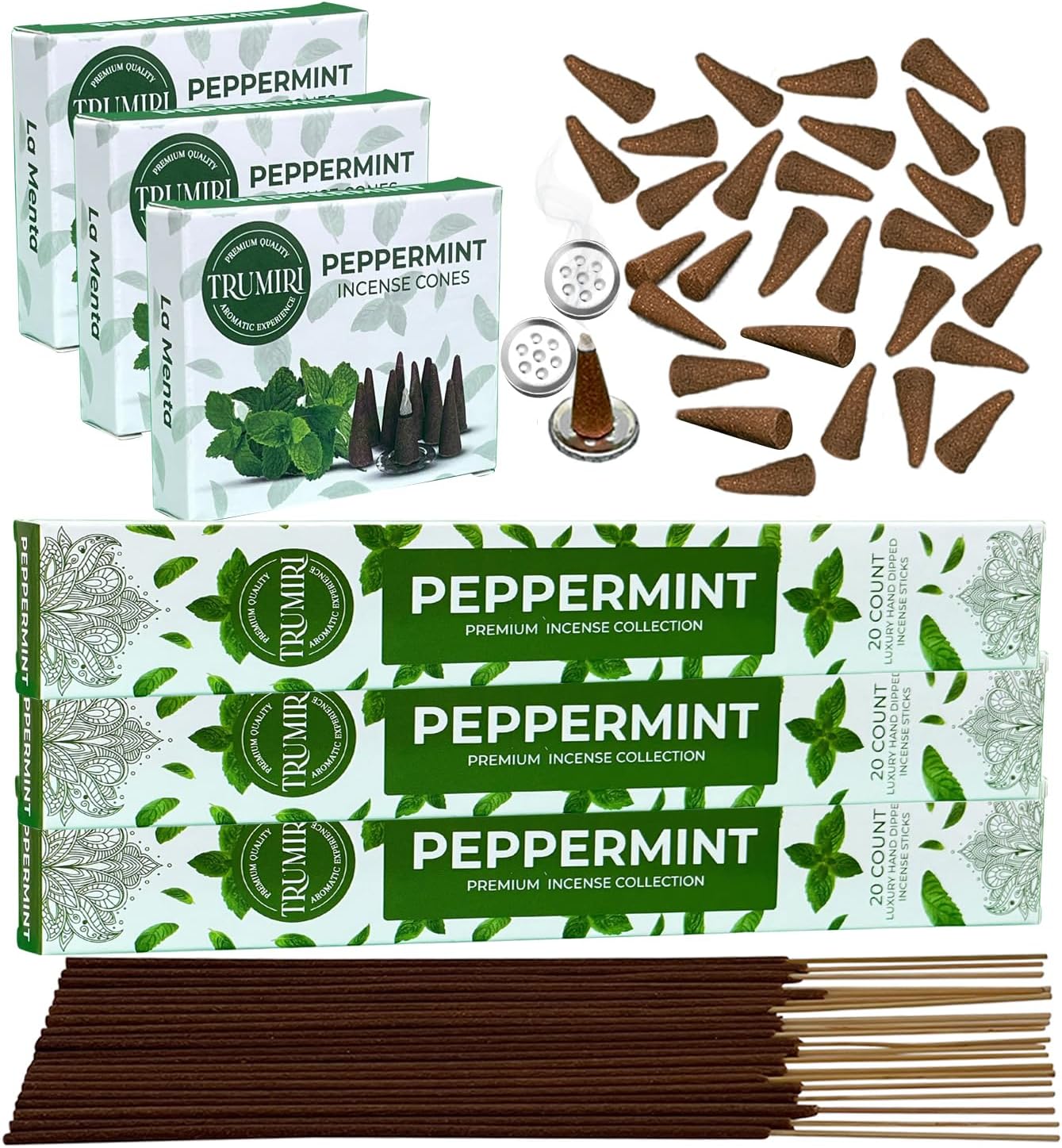 Paquete combinado de palitos de incienso de menta y conos de incienso, 60 varillas de incienso + 30 conos de insencia, incienso perfumados, insents