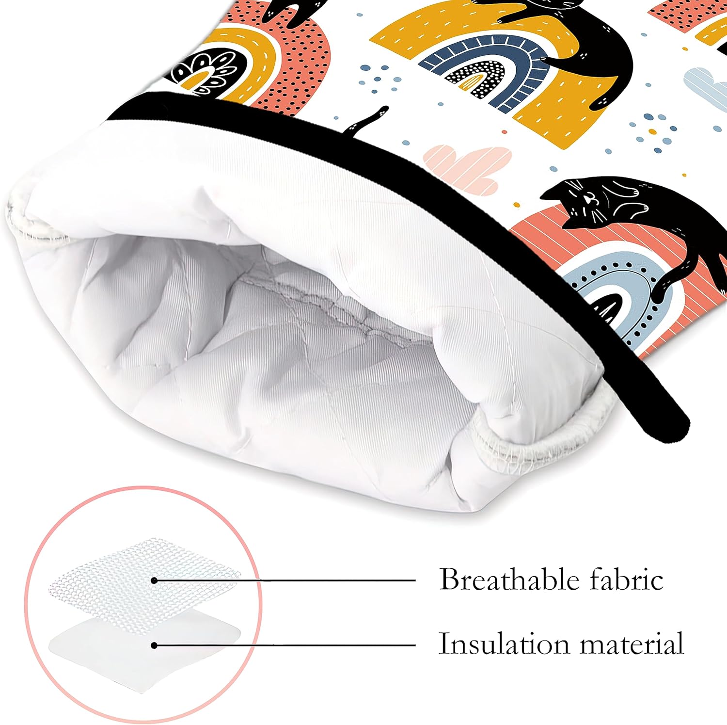 Guantes de horno y soportes para ollas con diseño de gato negro y arcoíris, juego de 2 piezas de almohadillas resistentes al calor para hornear,