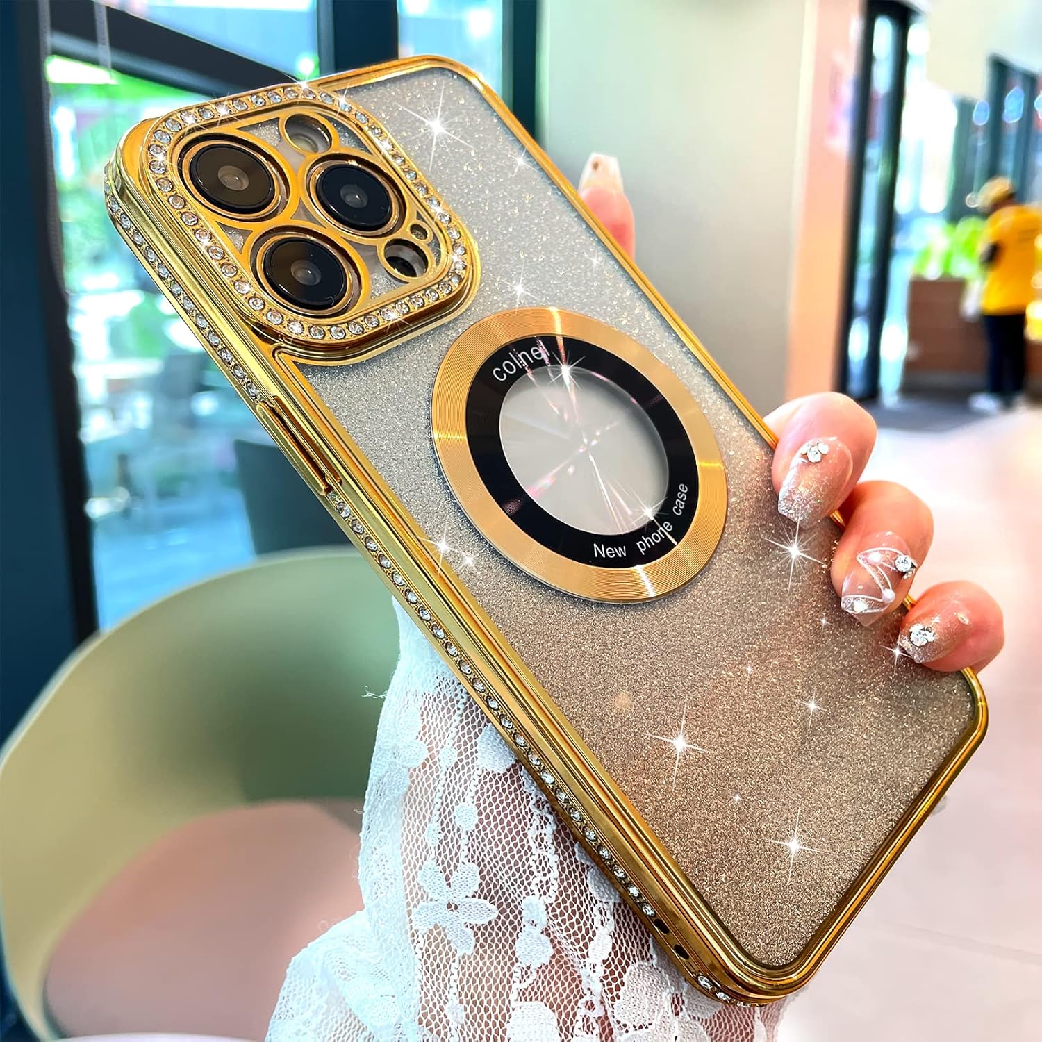 MZELQ Funda para iPhone 14 Pro Max con purpurina degradada Soporte para MagsafeProtector de cámara con diamantes magnéticos, vista de logotipo,