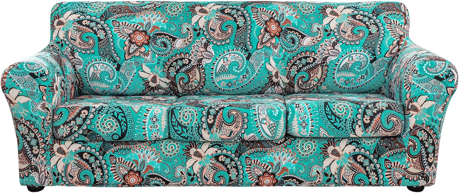 Lamberia Funda de sofá estampada para sillón de 3 cojines, funda de sofá de alta elasticidad de 4 piezas con tres fundas de cojín separadas con
