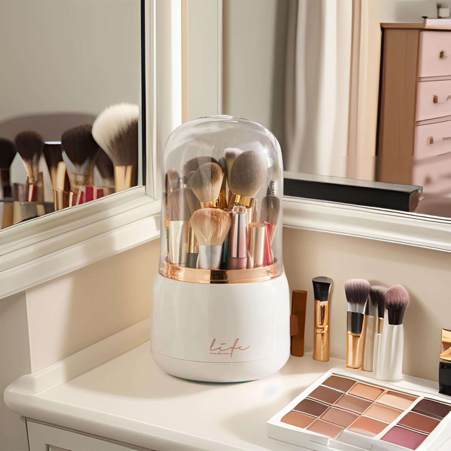 WenkeDigi Soporte para brochas de maquillaje, organizador giratorio de 360 con tapa transparente, brillante a prueba de polvo, organizador de