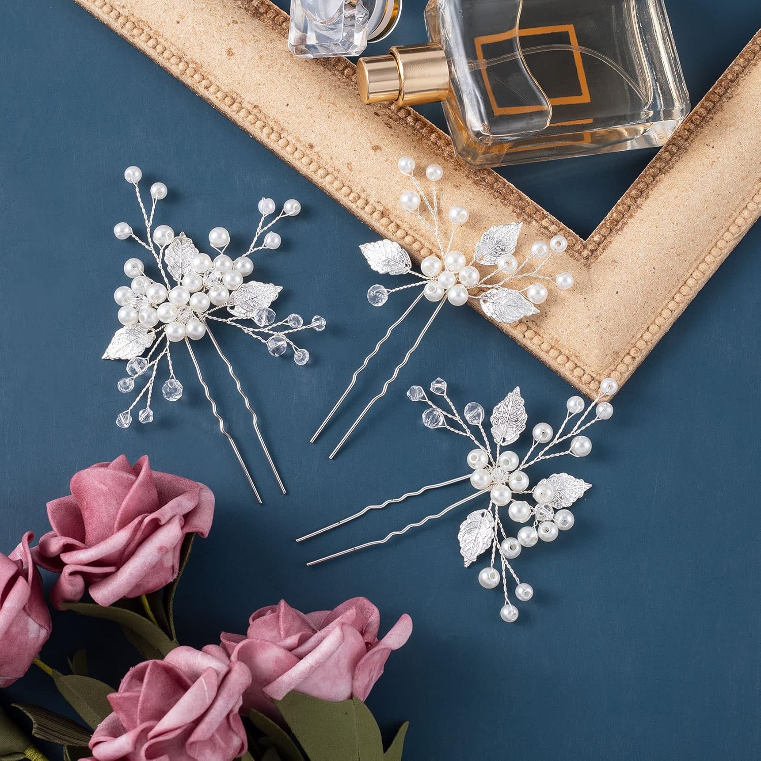 ANCIRS Paquete de 3 alfileres de peinado de boda con perlas, estilo vintage con hojas de novia, accesorios para el cabello de flores con diamantes