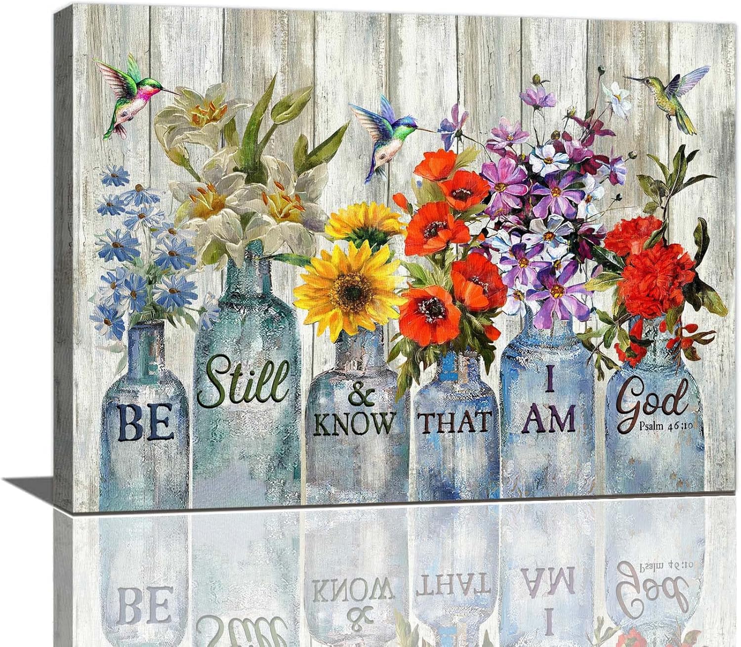 Arte de pared con diseño de flores en jarrón, diseño rústico de granja, lienzo floral, decoración de pared con texto en inglés Be Still and Know