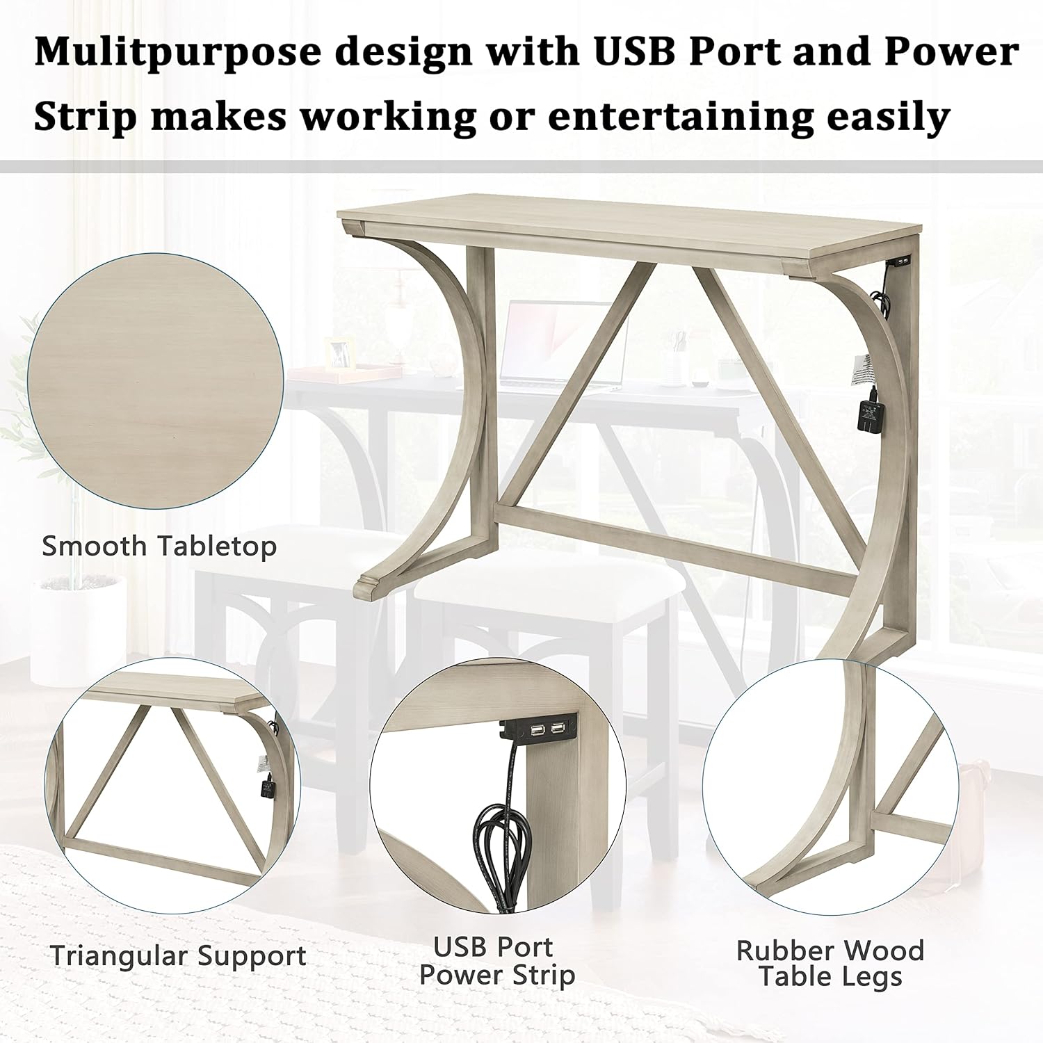 Juego de mesa de comedor con altura de mostrador, 3 piezas, puerto USB integrado y taburetes tapizados, para cocina, restaurantes, muebles de sala