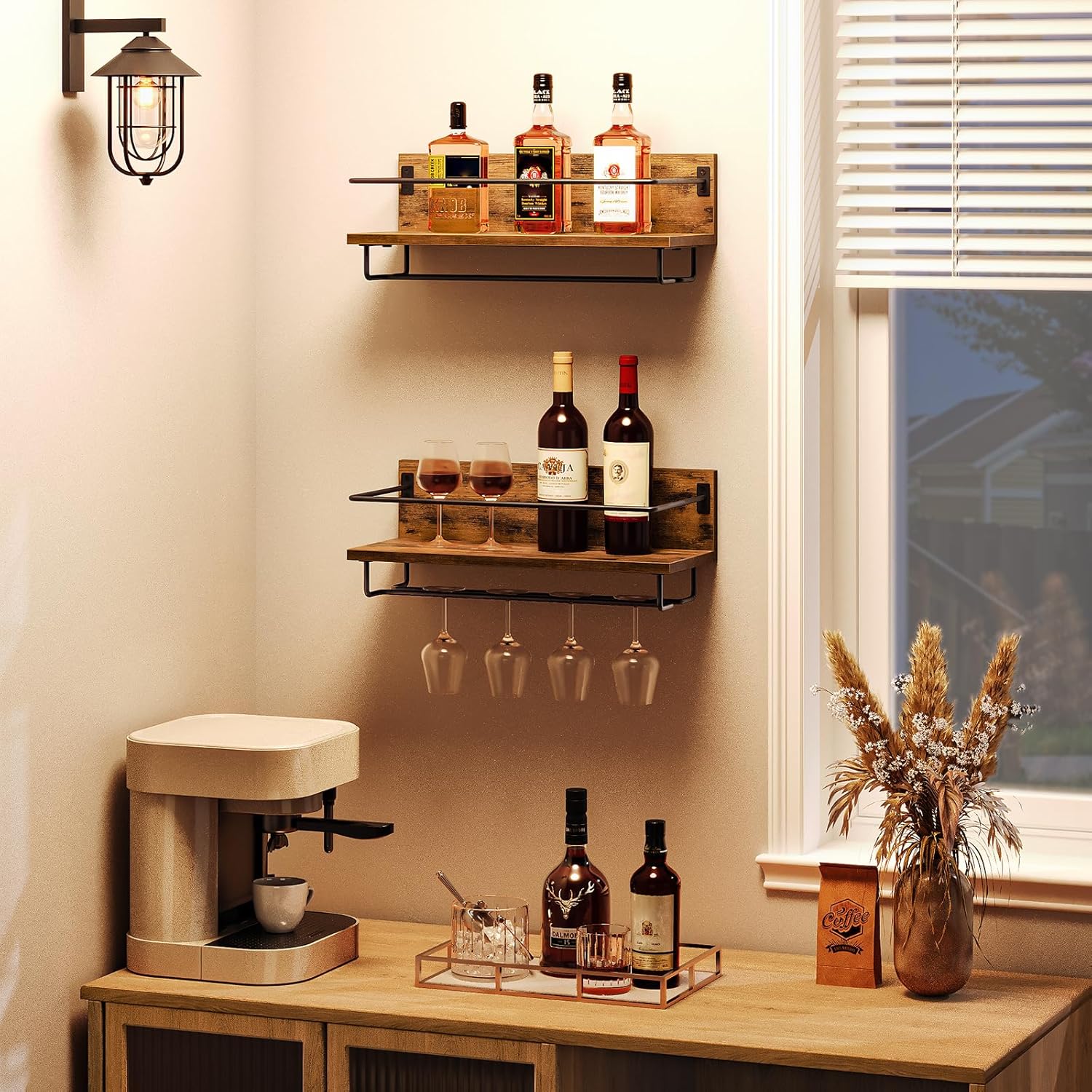 HOOBRO Estante de vino montado en la pared, paquete de 2 estantes flotantes para colgar en la pared, soporte para botellas de copa de vino, para