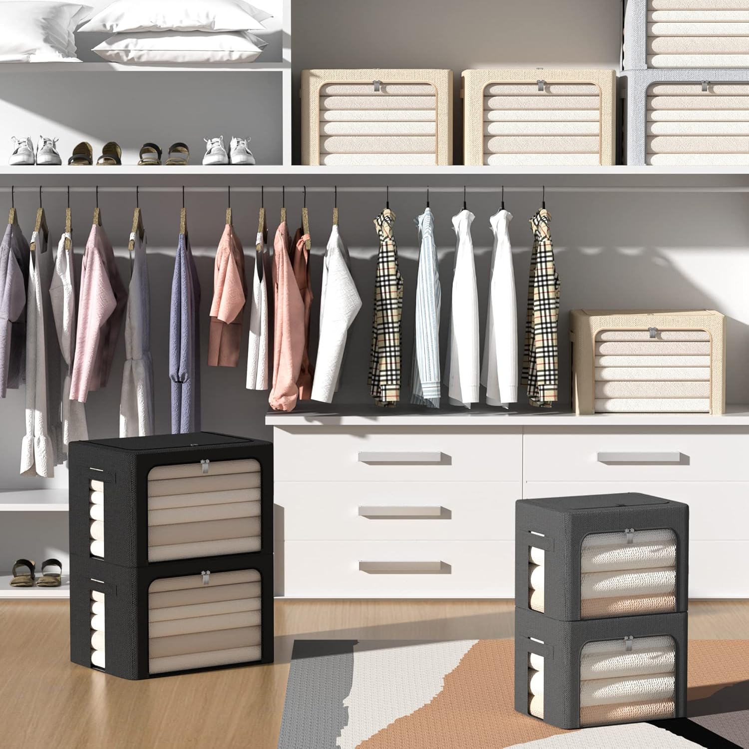 Paquete de 2 contenedores de almacenamiento de ropa, caja de almacenamiento plegable con marco de metal, juego organizador de tela de lino de gran