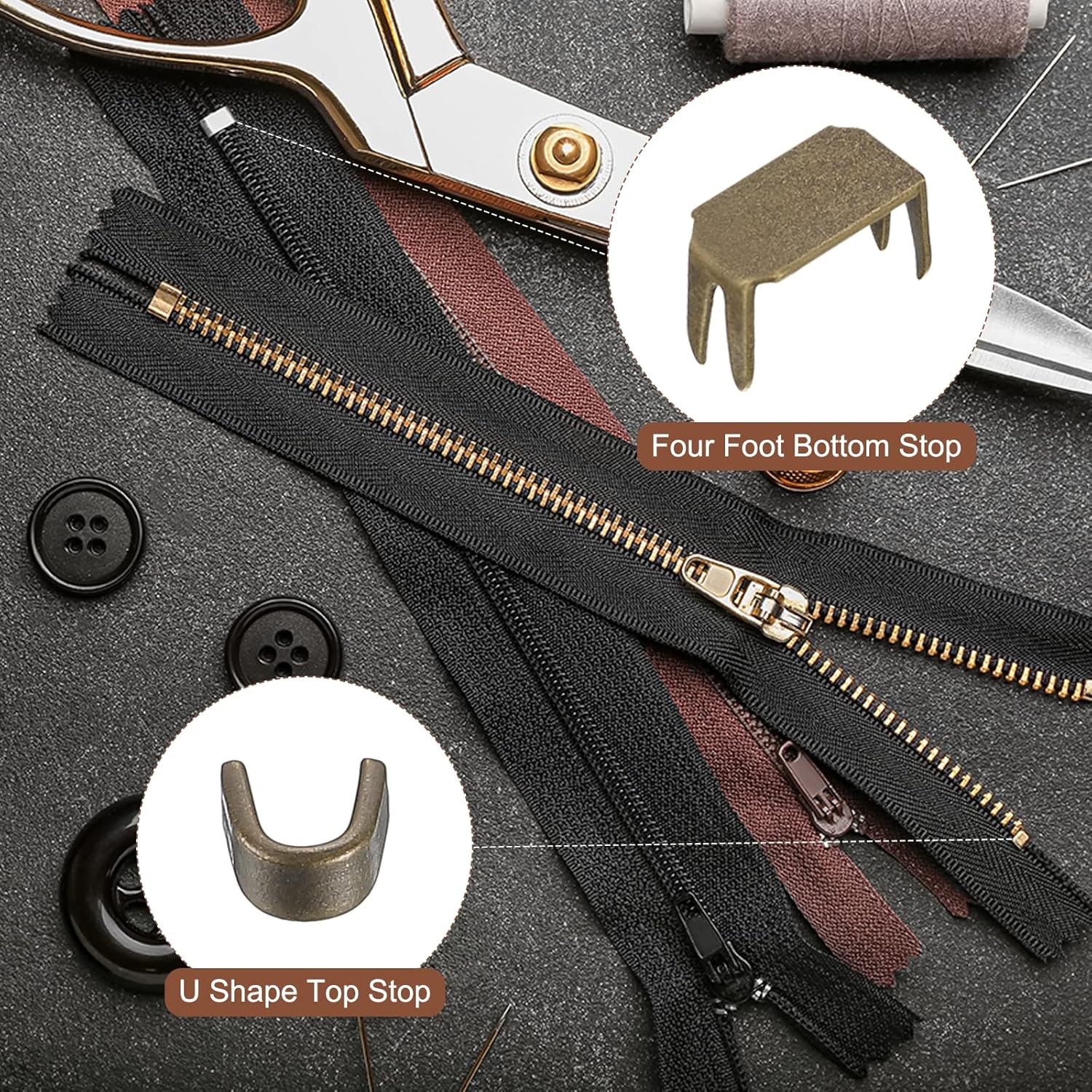uxcell Kits de reparación de cremallera, 10 cajas de retención deslizantes de cierre de metal, pasadores de inserción y tapones inferiores